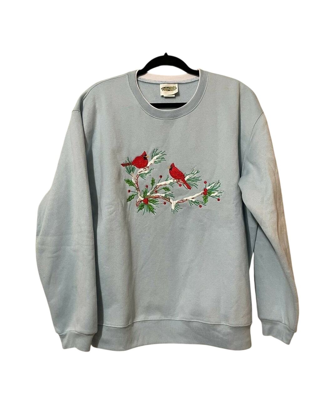 Collection Etc Christmas Blue Pre Shrunk Bird Embroidered Pullover Sweatshirt XL